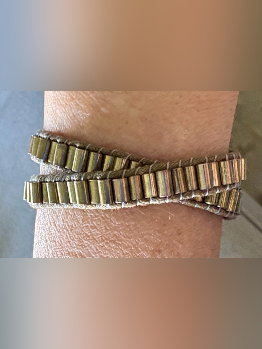 Vintage Brass Metallic Beaded Macramé Wrap Bracelet / Choker